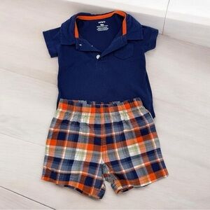 Carter's Blue and Orange Polo Bodysuit & Plaid Short Set Baby Boy 9 Months